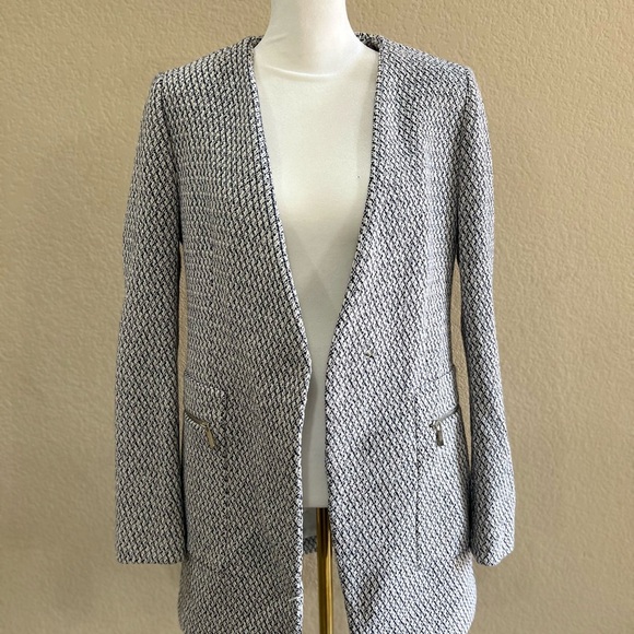 ZARA NAVY & ECRU LONG JACQUARD BLAZER JACKET WITH ZIPPED POCKETS SZ M CAREER EUC - Picture 5 of 16